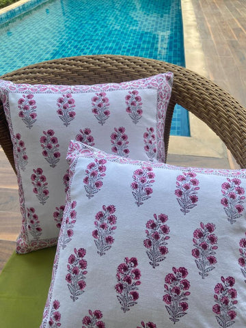 Spring love Handcrafted block print cushion covers - set of 2- Pink & white