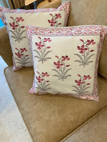 Pink daffodils Handcrafted block print cushion covers - set of 2- Pink & white