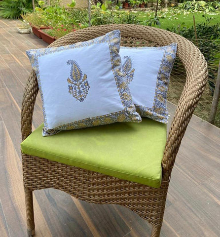 Ethnic motif- Handcrafted block print cushion covers - set of 2 - Yellow, grey & white