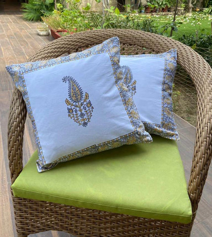 Ethnic motif- Handcrafted block print cushion covers - set of 2 - Yellow, grey & white