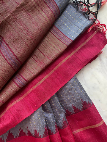 Elegant drapes pure silk handwoven saree -Grey & red