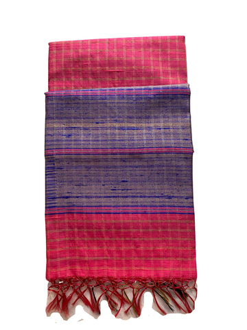 Chequered magic  pure silk handwoven saree - Red & blue