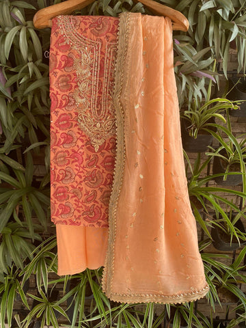 Golden Sprint Muslin silk gold printed suit with chiffon dupatta - Peach