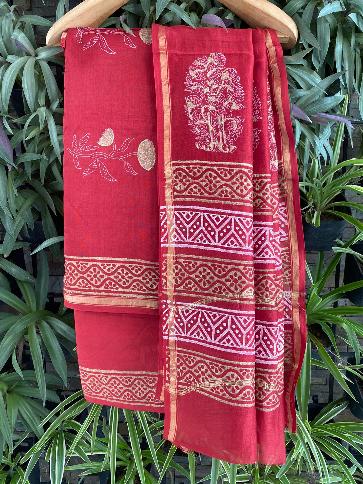 Red siren block print Chanderi cotton silk suit set fabric - Maroon red