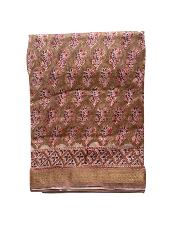 Earthy elegance hand block Maheshwari cotton silk saree - Beige