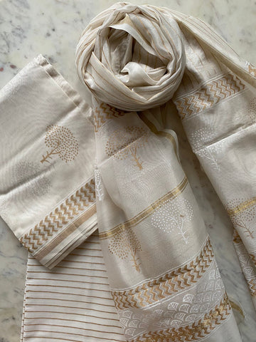Elegant charm block print Chanderi cotton silk suit set fabric - White & gold