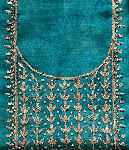 Festive Rush Chanderi Silk suit set with Zari and Zardozi work - Turquoise & gold
