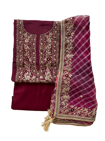 Celeb Rush Chanderi Silk suit set with Zari and Zardozi work - Wine & gold