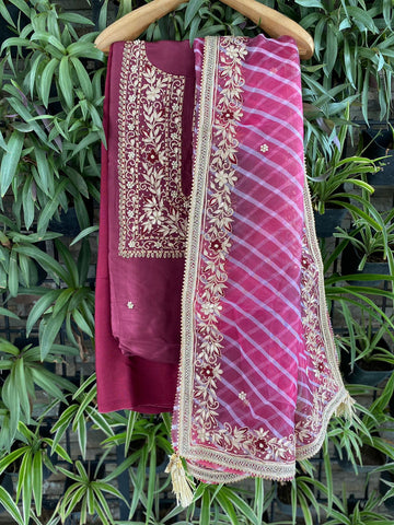 Celeb Rush Chanderi Silk suit set with Zari and Zardozi work - Wine & gold