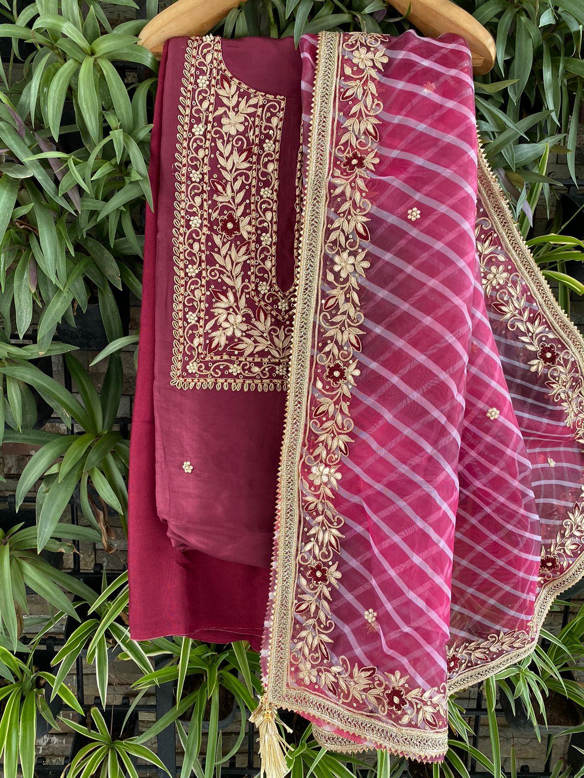 Celeb Rush Chanderi Silk suit set with Zari and Zardozi work - Wine & gold