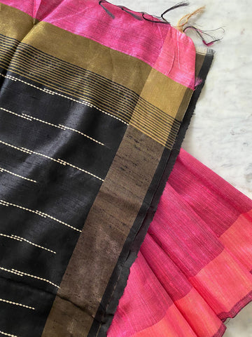 Hot Pink & Silk Tussar silk saree - Pink and Black