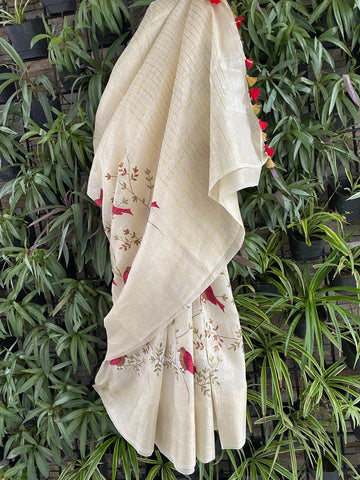 Birds of paradise silk linen embroidered saree - Ivory & red