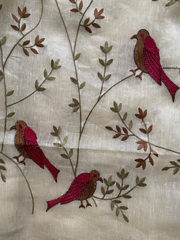 Birds of paradise silk linen embroidered saree - Ivory & red