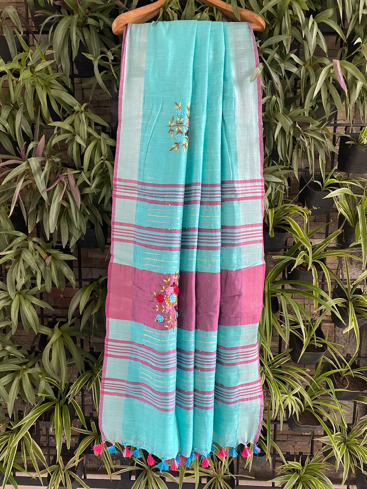 Woven dreams silk linen floral embroidery saree - Blue & plum