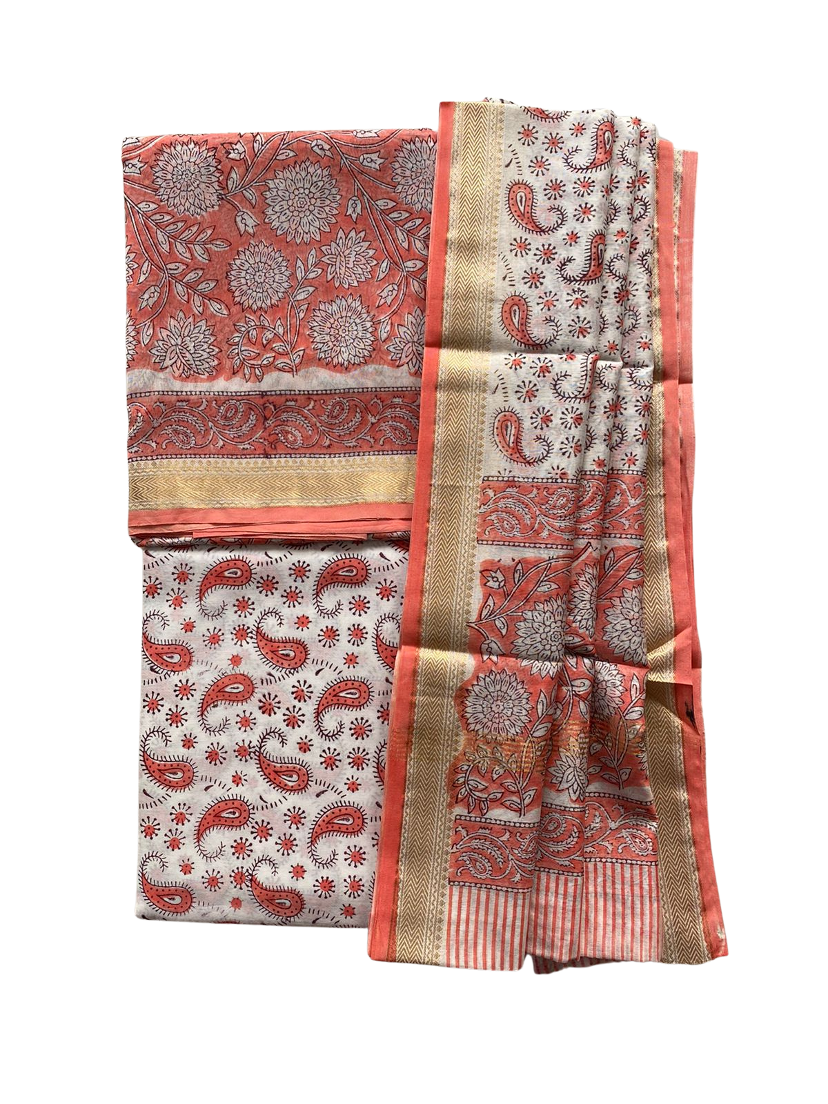 Coral bliss block print Maheshwari cotton silk suit set fabric - Orange & white