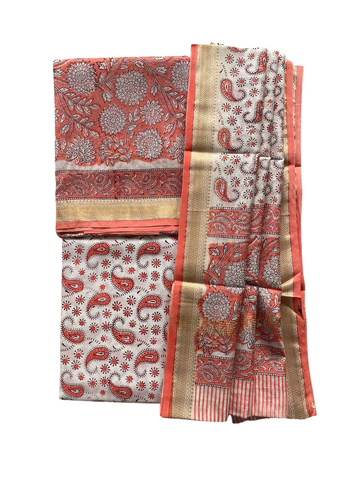 Coral bliss block print Maheshwari cotton silk suit set fabric - Orange & white