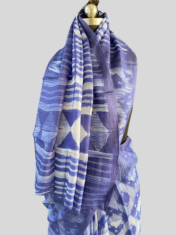 Shibori blues Tussar silk handcrafted saree - Blue